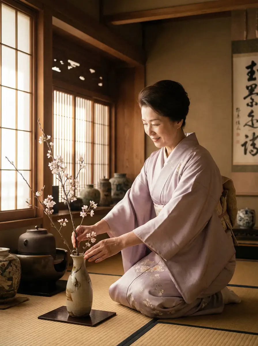 一位优雅的 500彩票网站 在和室中插花