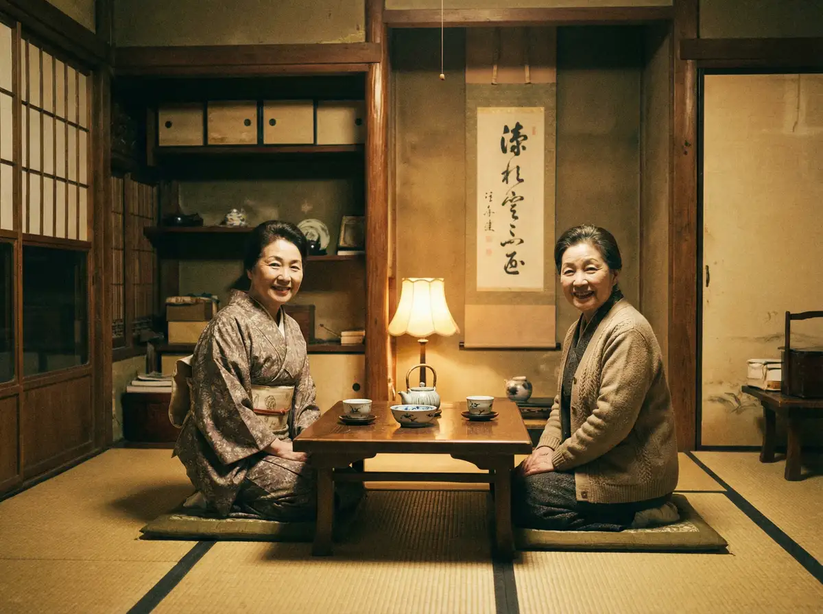 两位优雅的 500彩票网站 在日式茶室中品茶交谈